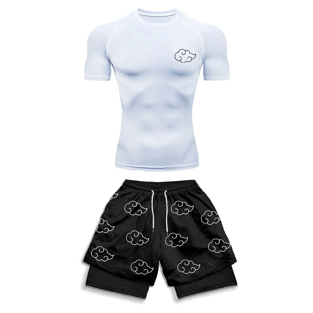 Compression Shirt+Gym Shorts 2PCS Workout Summer Anime Print GYM Compression Set Running Sport Fitness Suit for Men Sportwear