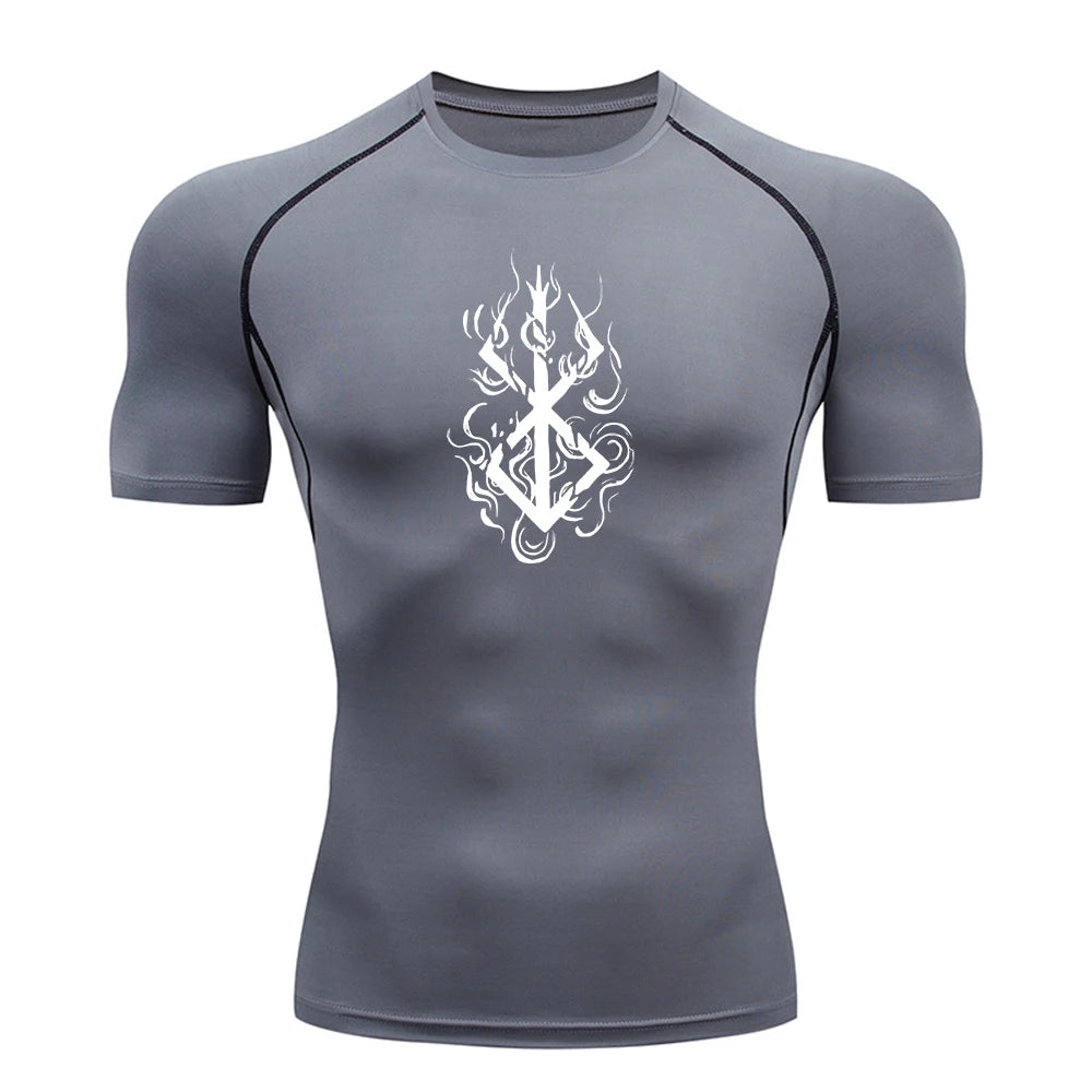 Anime Berserk Guts Print Compression Shirts for Men Short Sleeve Gym Workout Fitness Undershirts Quick Dry Athletic T-Shirt Top