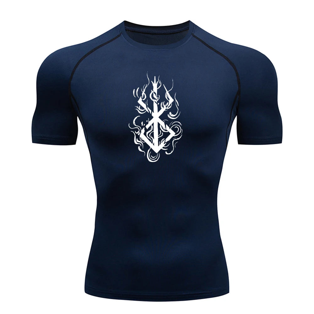 Anime Berserk Guts Print Compression Shirts for Men Short Sleeve Gym Workout Fitness Undershirts Quick Dry Athletic T-Shirt Top