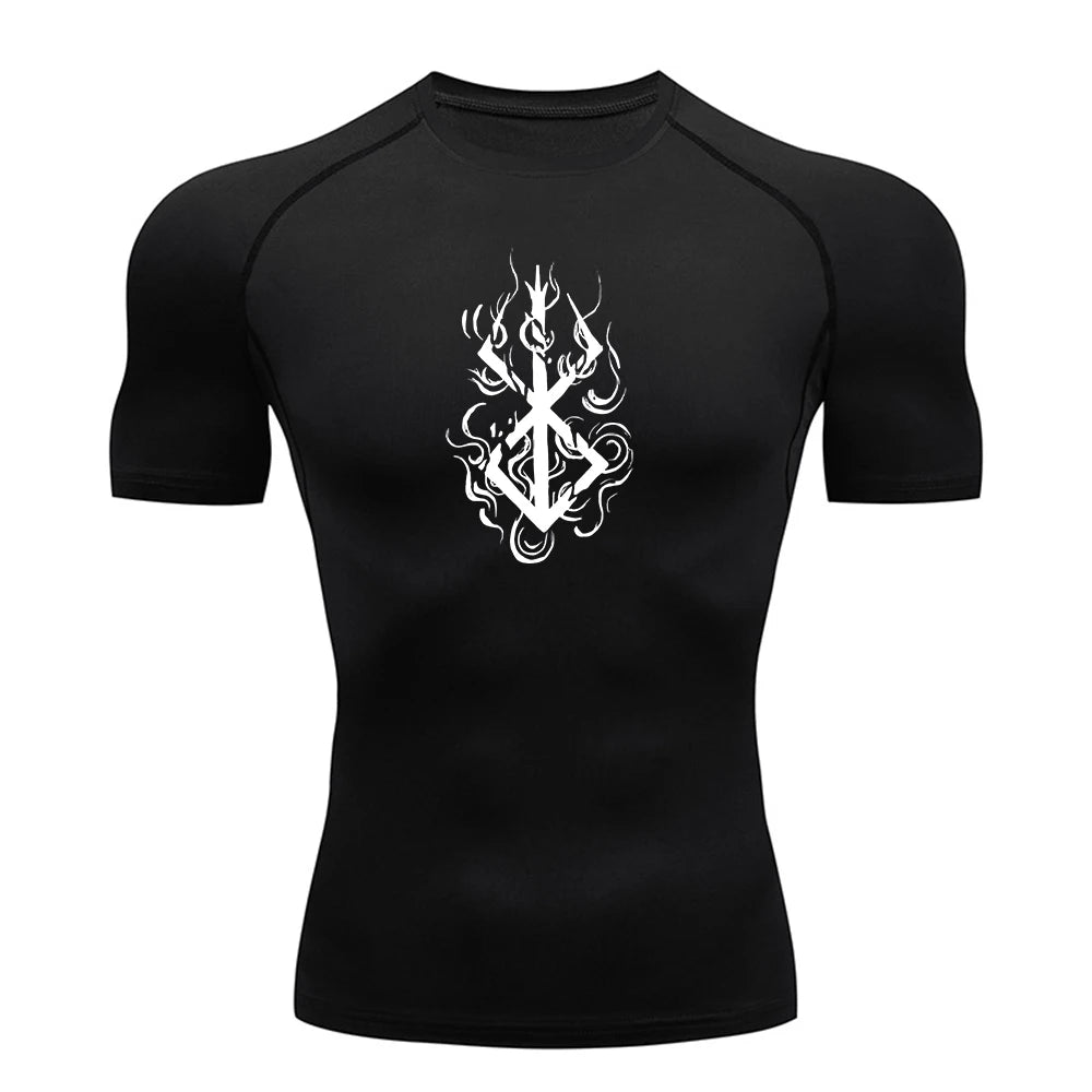 Anime Berserk Guts Print Compression Shirts for Men Short Sleeve Gym Workout Fitness Undershirts Quick Dry Athletic T-Shirt Top