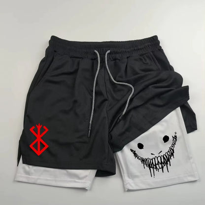 Anime Berserk Running Shorts Men Fitness Gym Training 2 in 1 Sports Shorts Quick Dry Workout Jogging Double Deck Towel Shorts