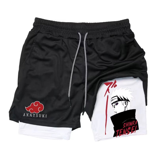 2 in 1 Performance Shorts Athletic Compression Shorts with Towel Loop Pockets Gym Workout Fitness Running Anime Print RL00107